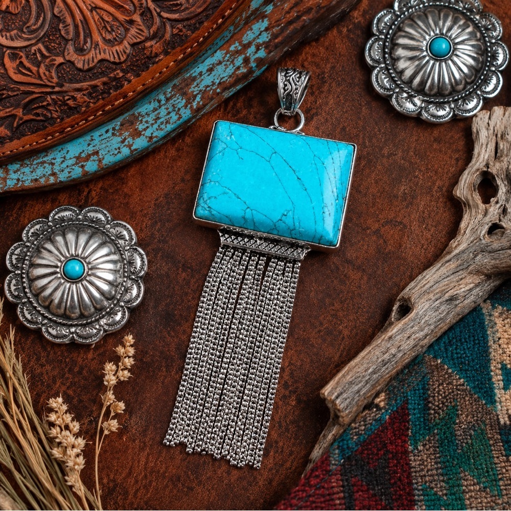 Artisan Handcrafted Jewelry Blue Turquoise Fringe Tassel Statement Pendant